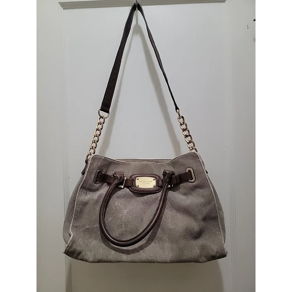 Michael Kors Hamilton Tan Leather Trim Canvas Shoulder Hand Bag Gold Chain